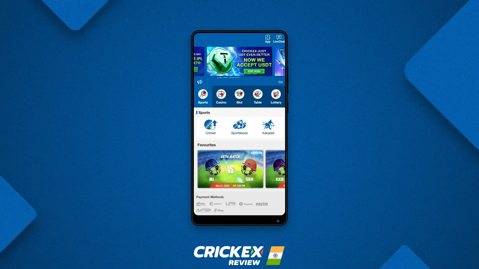 Home page of the mobile version of the Crickex website