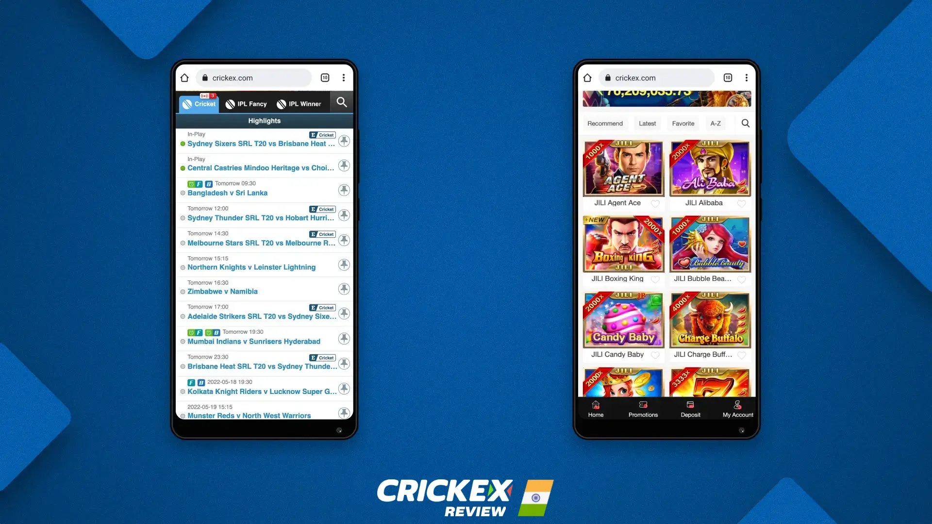 Mobile version of the Crickex website for sports betting & casino